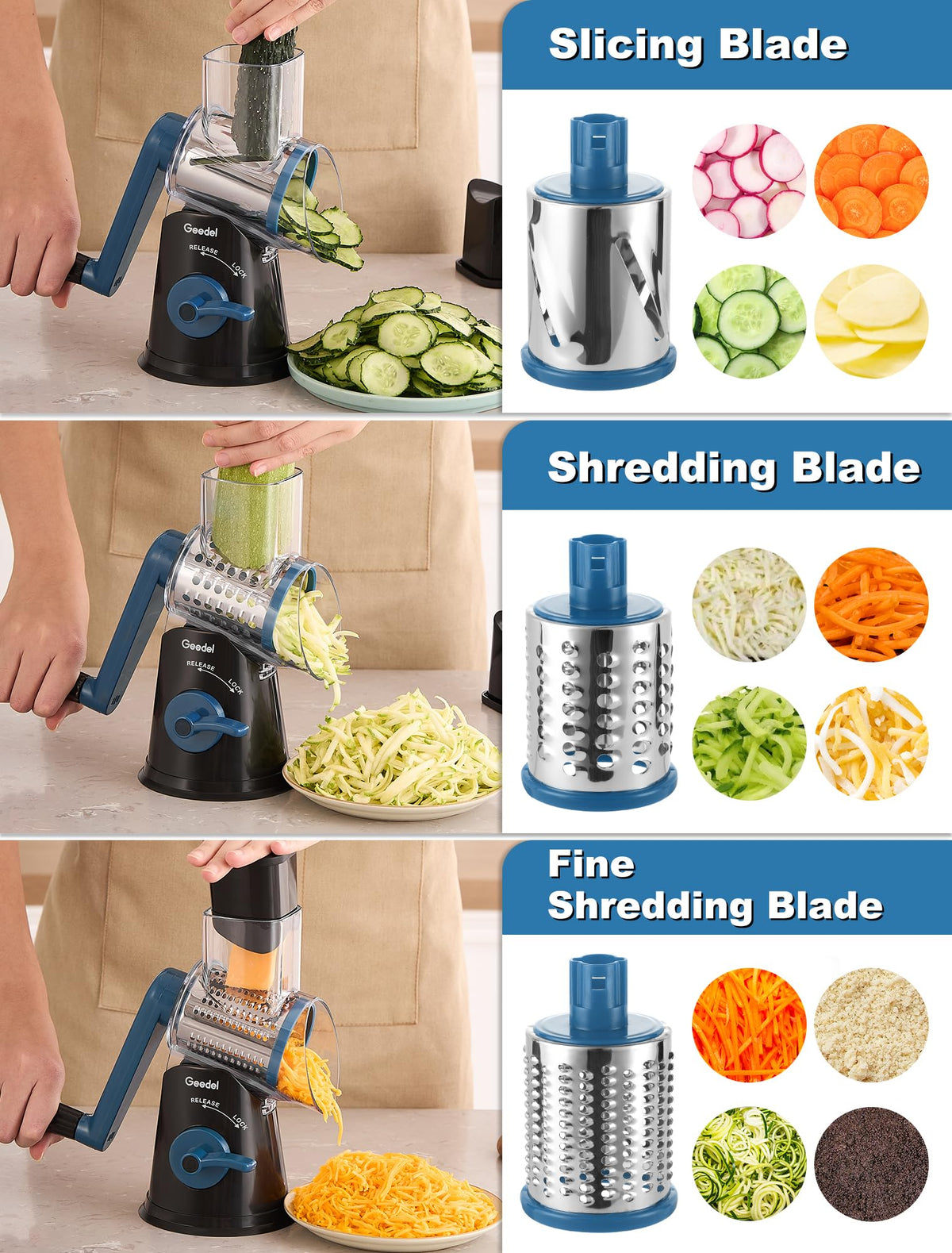 Geedel interchangeable blades for slicing, coarse and fine shredding at a glance.