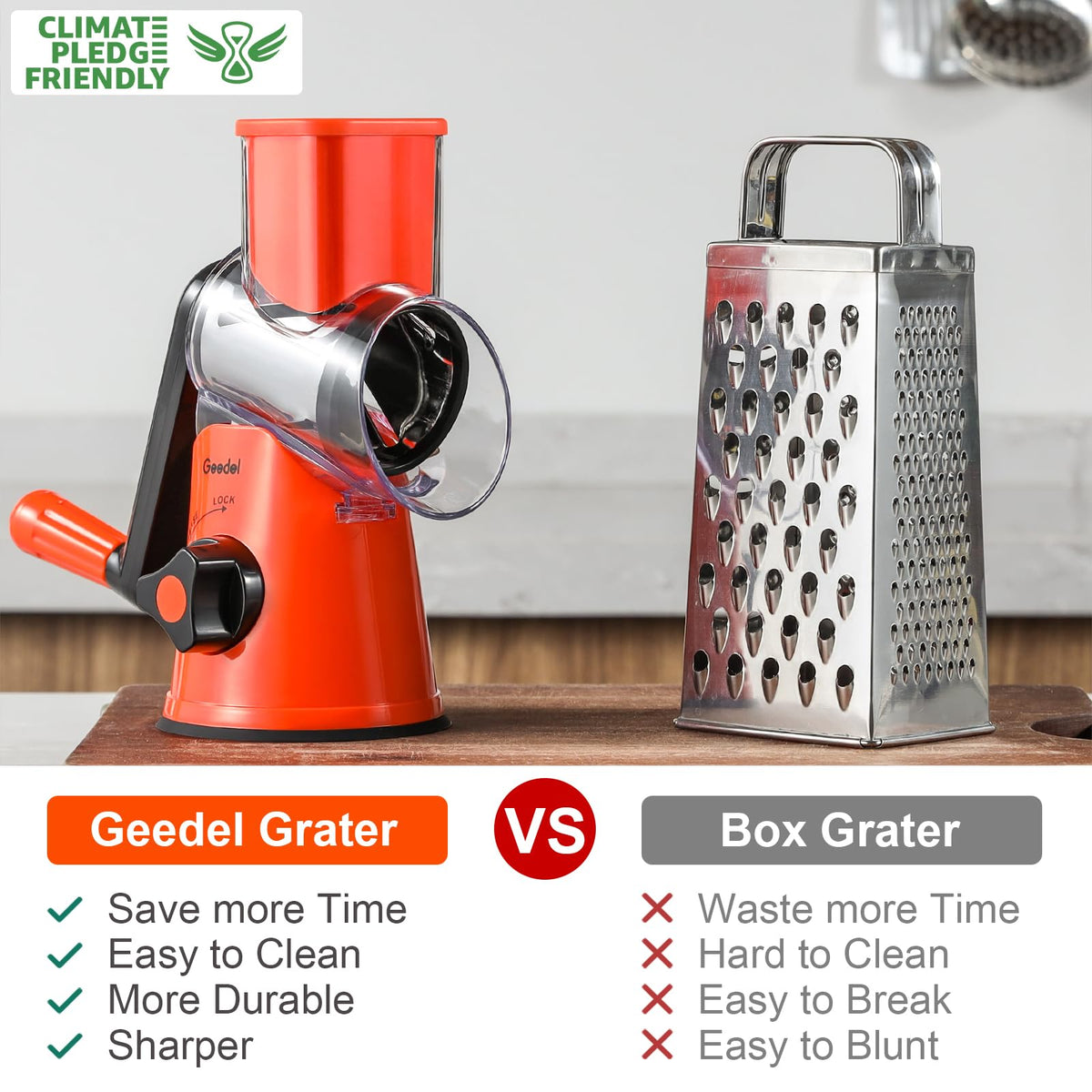 Geedel kitchen mandoline blades close up for versatile slicing options.