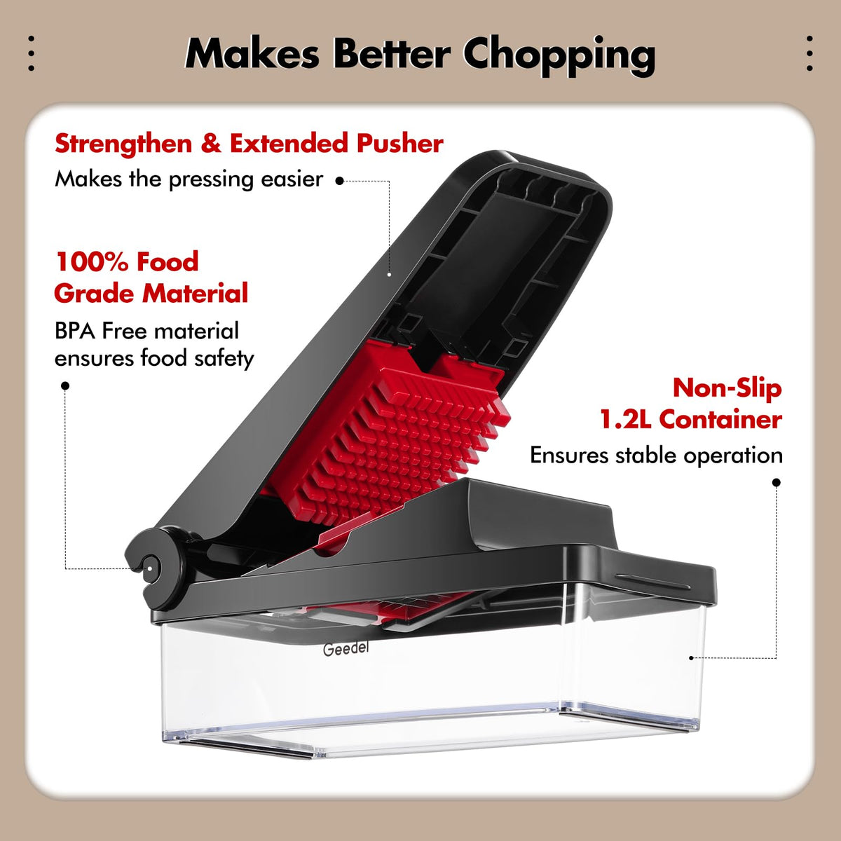 Geedel pro chopper angled blades enable vertical slicing with less resistance.