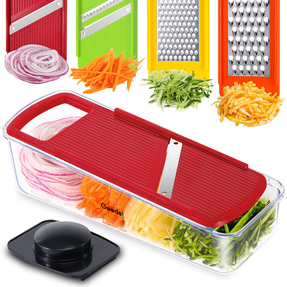 Geedel professional mandoline slicer front view showing safety-first design for easy prep.