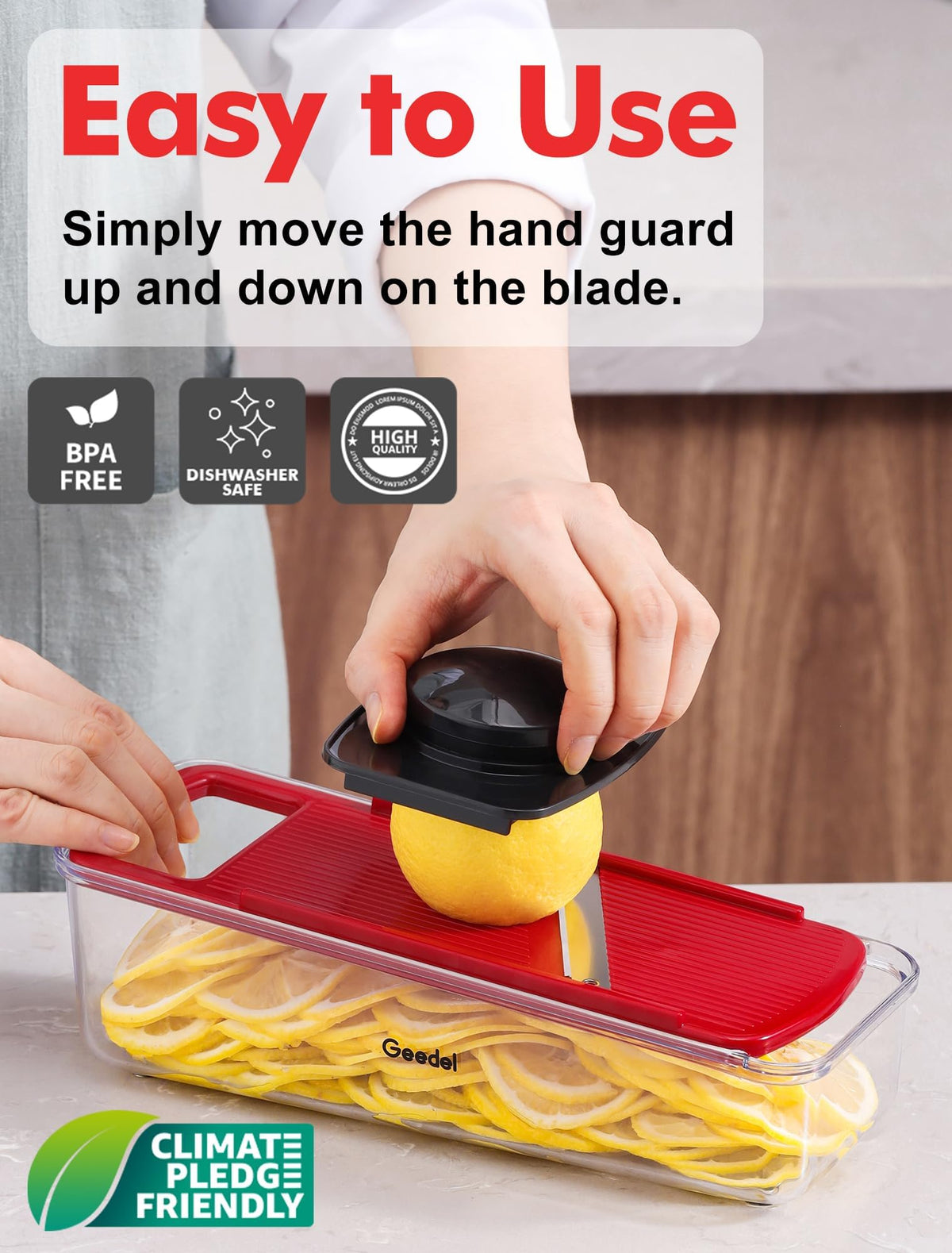 Geedel mandoline with hand guard promotes safe handling during prep sessions.