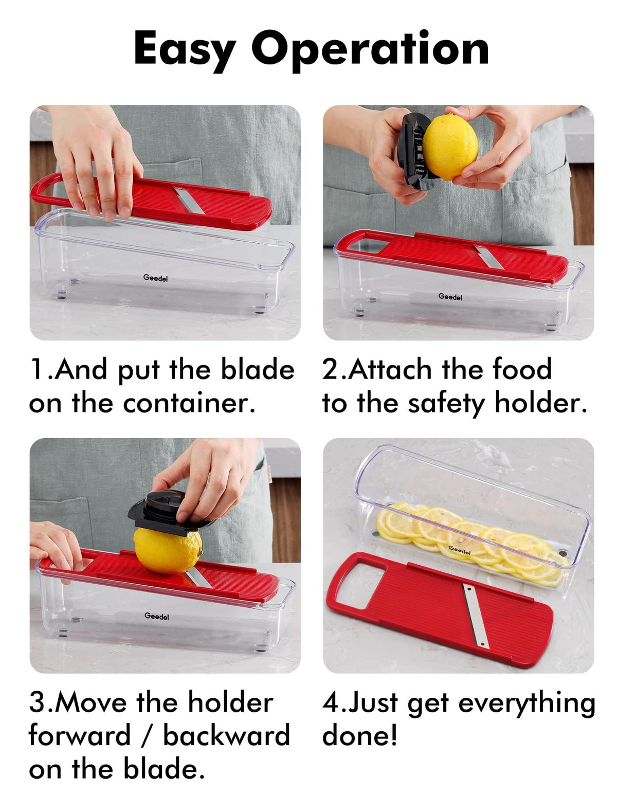 Geedel lemon and onion prep visuals emphasize versatile, fast kitchen prep.