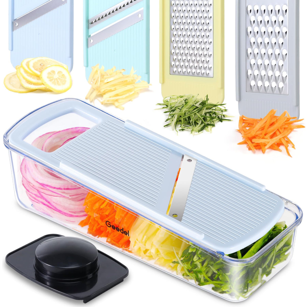 Geedel professional mandoline main-use setup for precise vegetable slicing and fast meal prep.