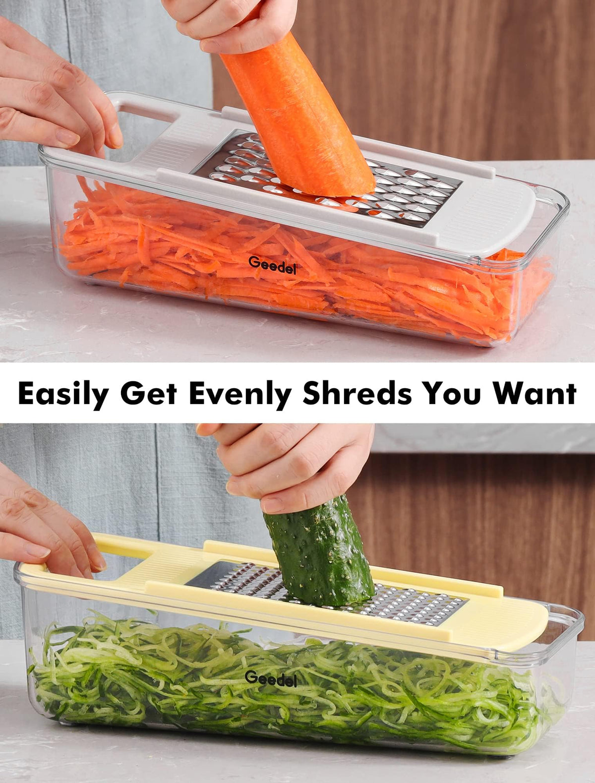 Geedel professional mandoline stainless-blades enable precise slicing and julienne options.