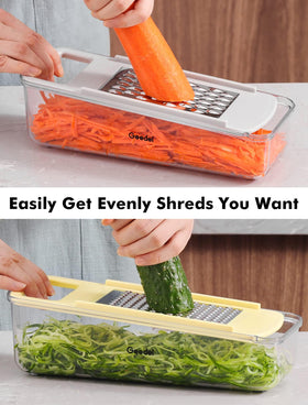 Geedel professional mandoline stainless-blades enable precise slicing and julienne options.
