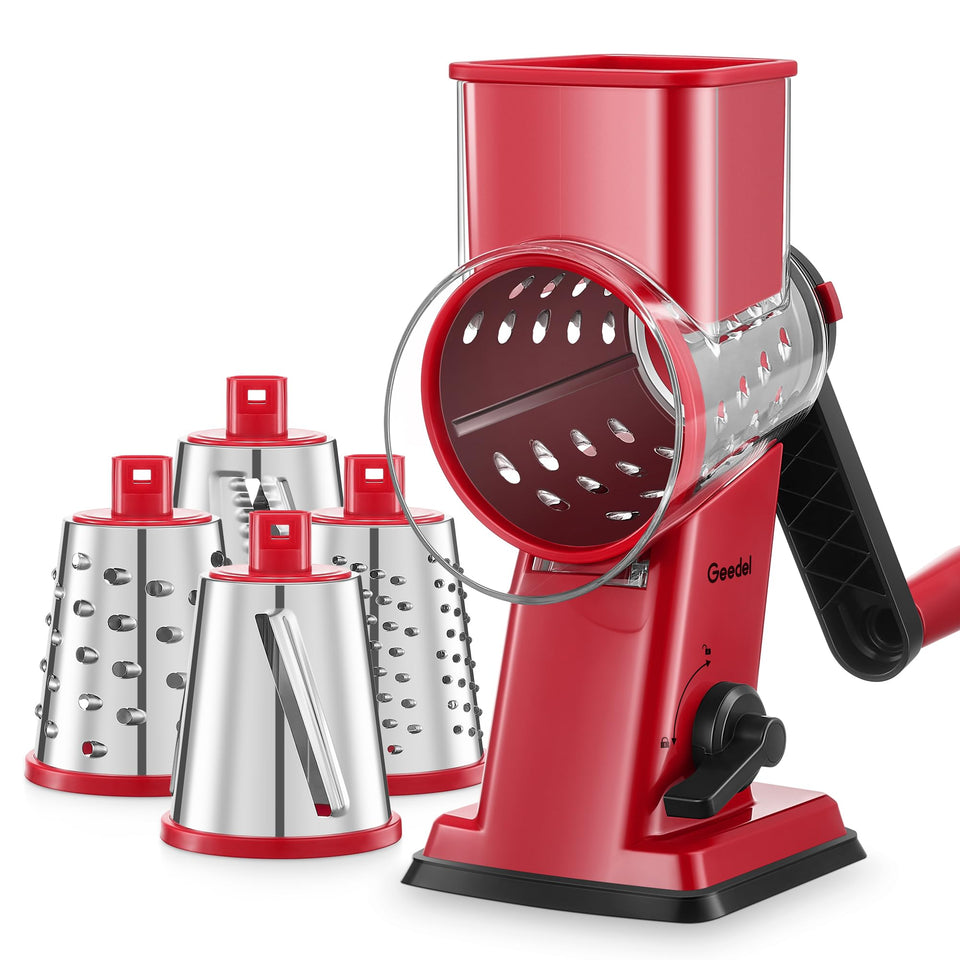 Geedel rotary cheese grater with four blades for fast shredding of cheese and vegetables.