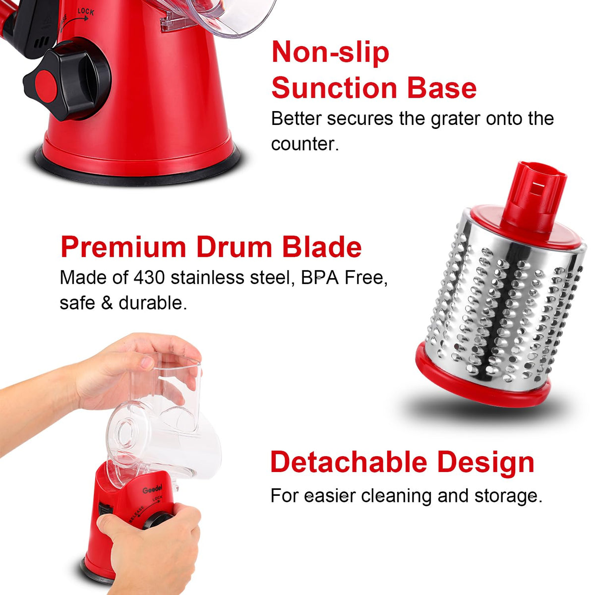 Geedel barrel view reveals a transparent chamber that helps prevent jams.