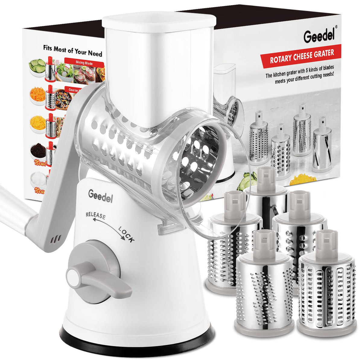 Geedel rotary cheese grater showing base and handle for smooth operation.