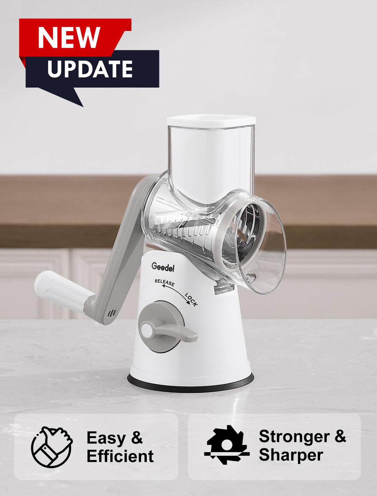 Geedel rotary grater with coarse and fine shredding blades for versatile cheese prep.