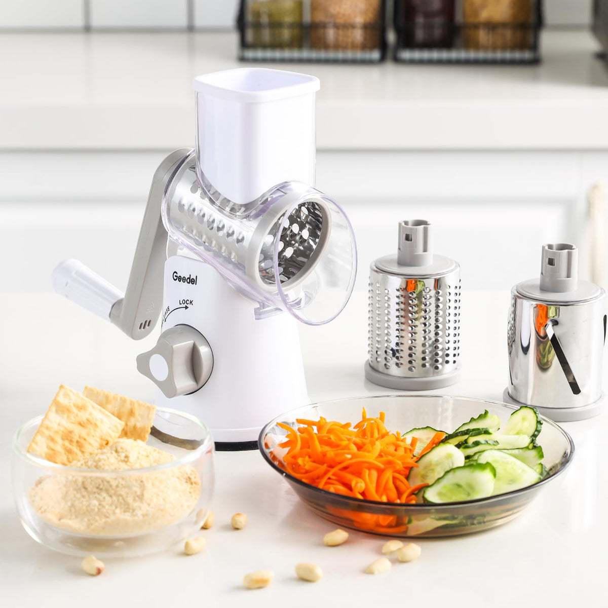 Geedel rotary cheese grater compact storage fits neatly in cupboards
