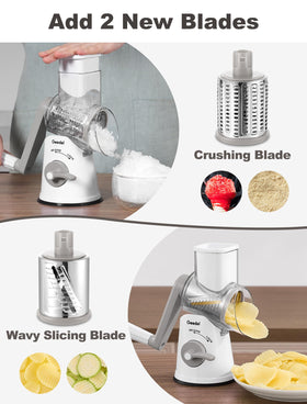 Geedel rotary cheese grater with crushing blade for finely crushed ingredients.