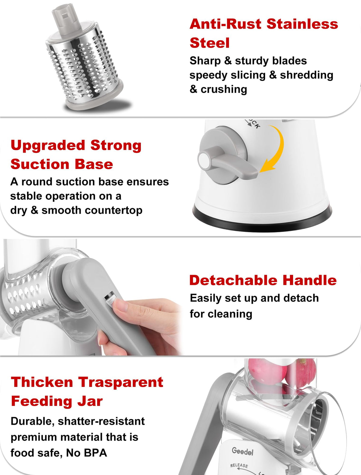 Geedel detachable parts for quick cleaning and storage.