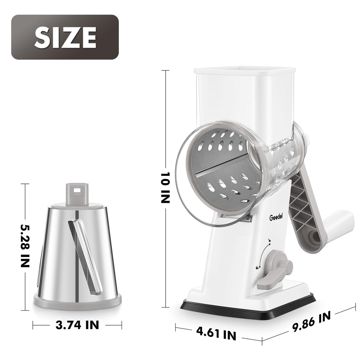 Geedel rotary cheese grater detachable parts for easy cleaning and dishwasher top rack.