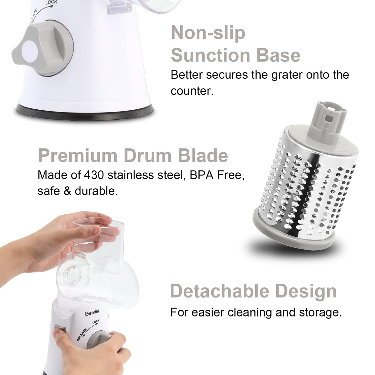 Geedel rotary cheese grater easy-clean detachable parts simplify washing