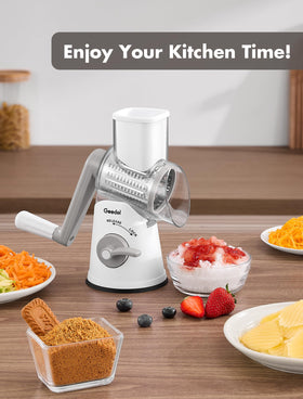 Geedel rotary grater with detachable parts for easy top-rack cleaning.