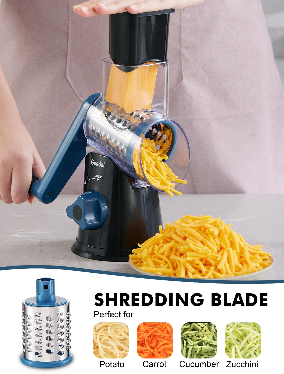 Geedel cheese grater with food pusher reducing blade contact