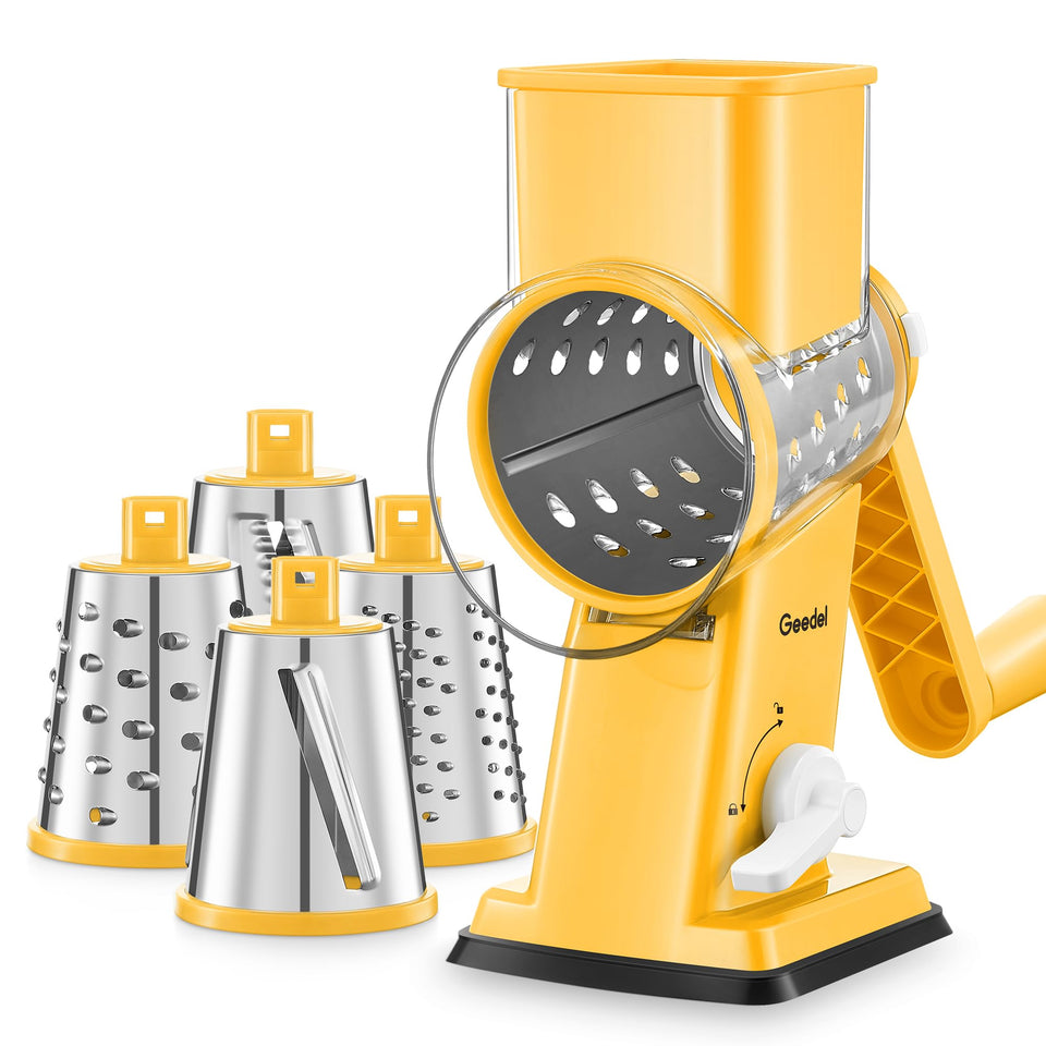 Geedel rotary cheese grater showcasing upgraded design for easier handling and faster prep