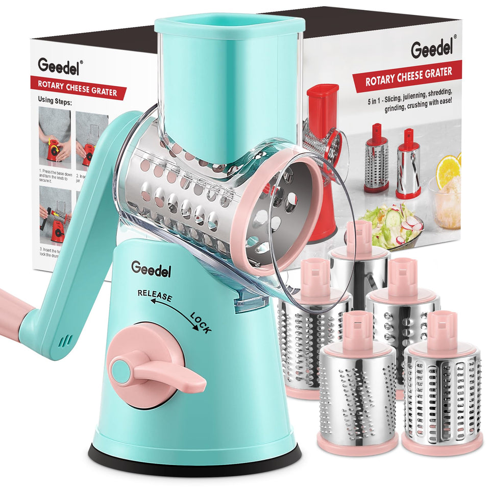 Geedel rotary cheese grater with handle and base for stable shredding