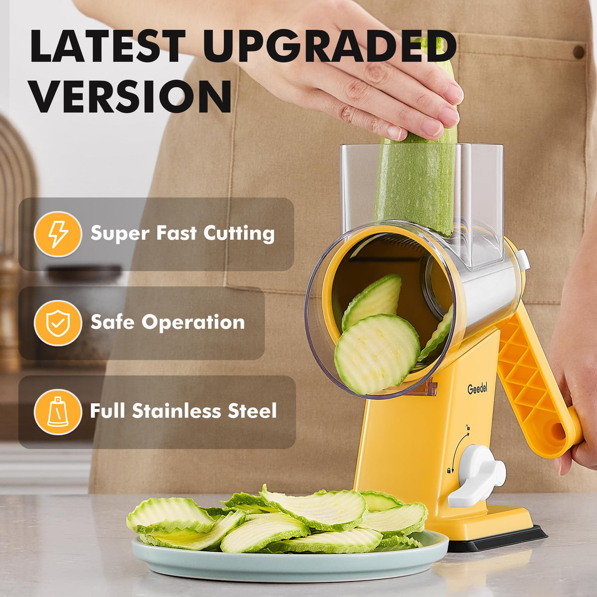 Geedel rotary cheese grater highlights ergonomic handle for comfortable, strain-free grating