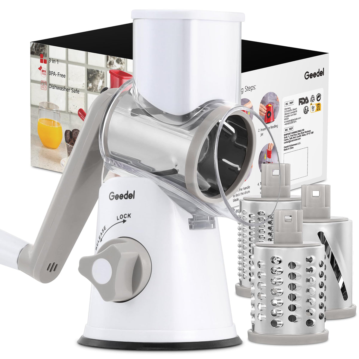 Geedel rotary cheese grater handle grip for stable shredding on the counter