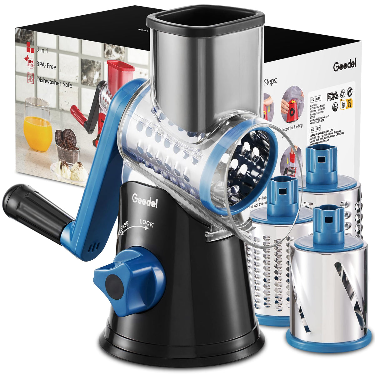 Geedel rotary cheese grater with handle operation for quick shredding in the kitchen