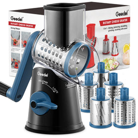 Geedel rotary cheese grater with handle and suction base for stable countertop use.