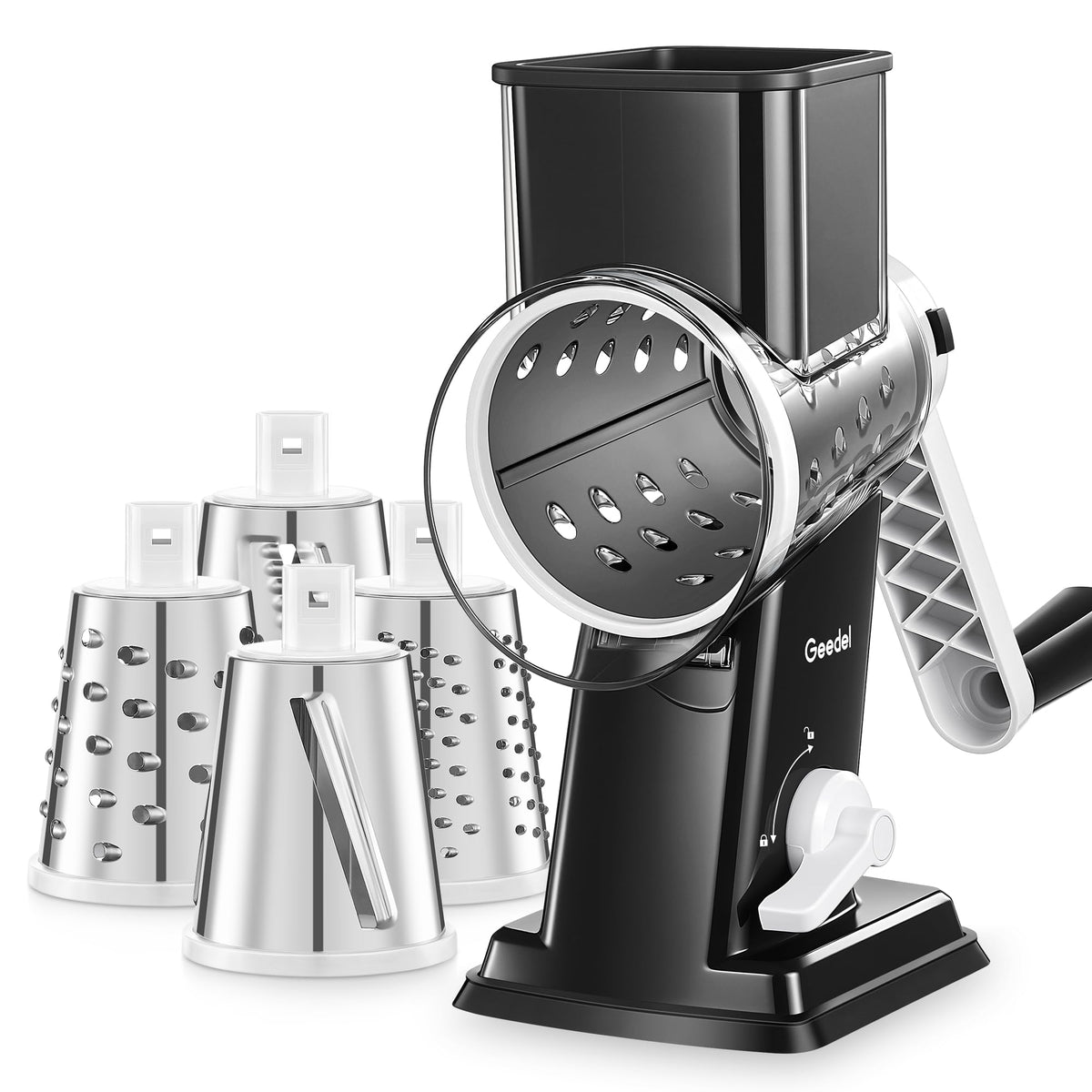 Geedel rotary cheese grater with handle ready for effortless prep.