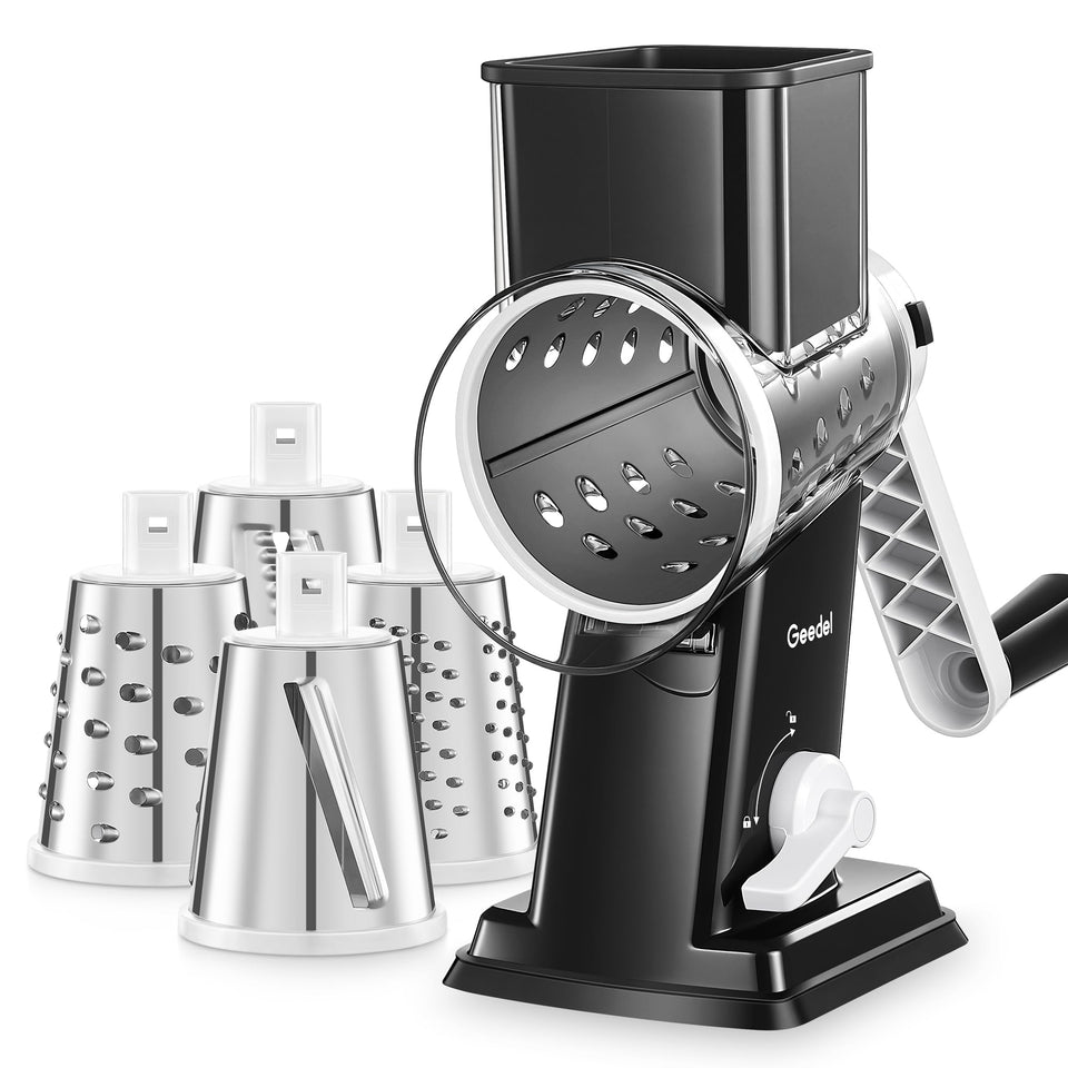 Geedel rotary cheese grater with handle ready for effortless prep.