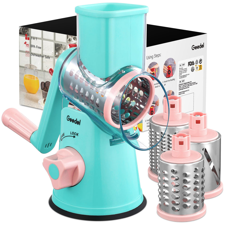 Geedel rotary cheese grater with handle for safe, hands-free shredding.