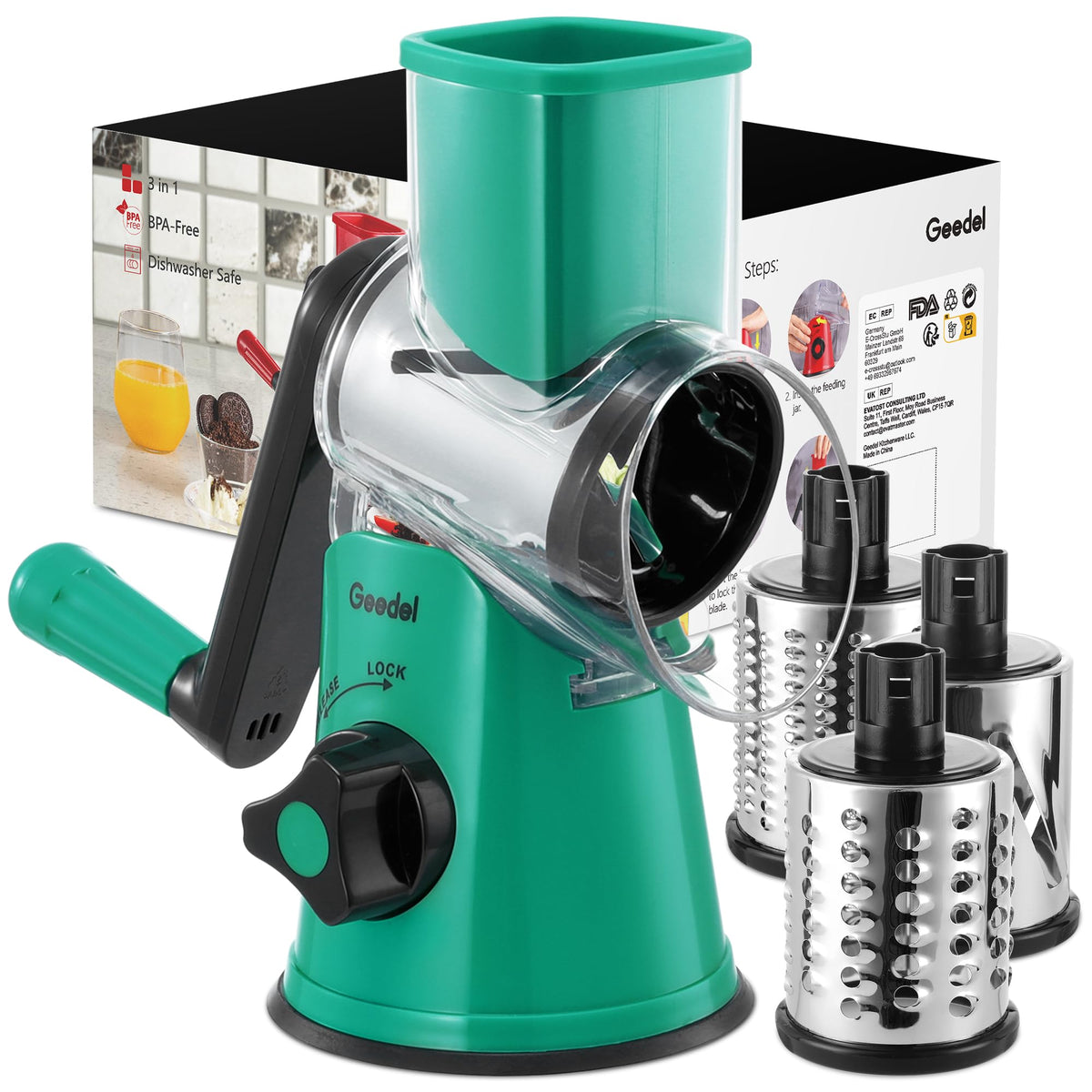 Geedel rotary cheese grater with handle for effortless shredding on the counter