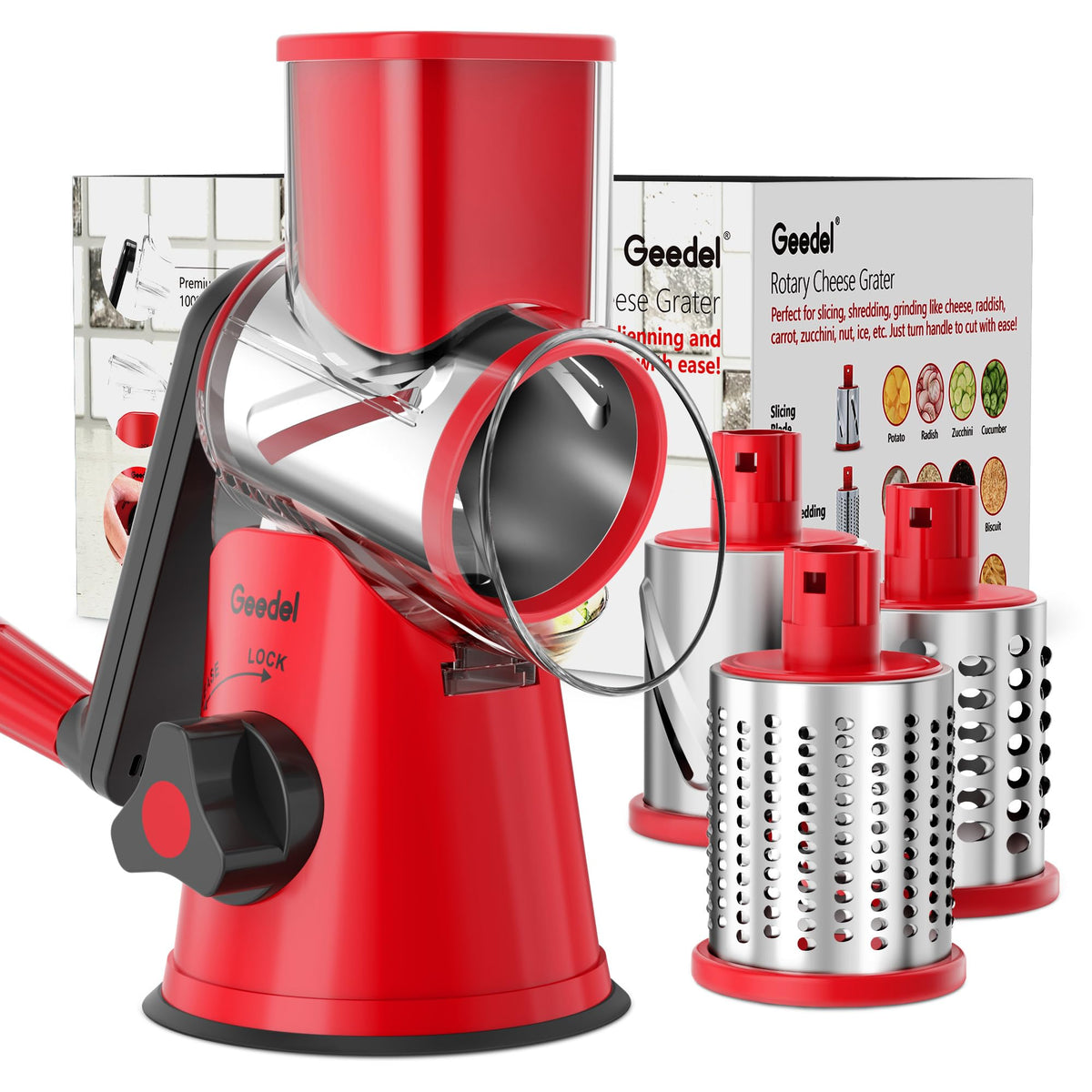 Geedel rotary cheese grater handle for safe, controlled turning during use.