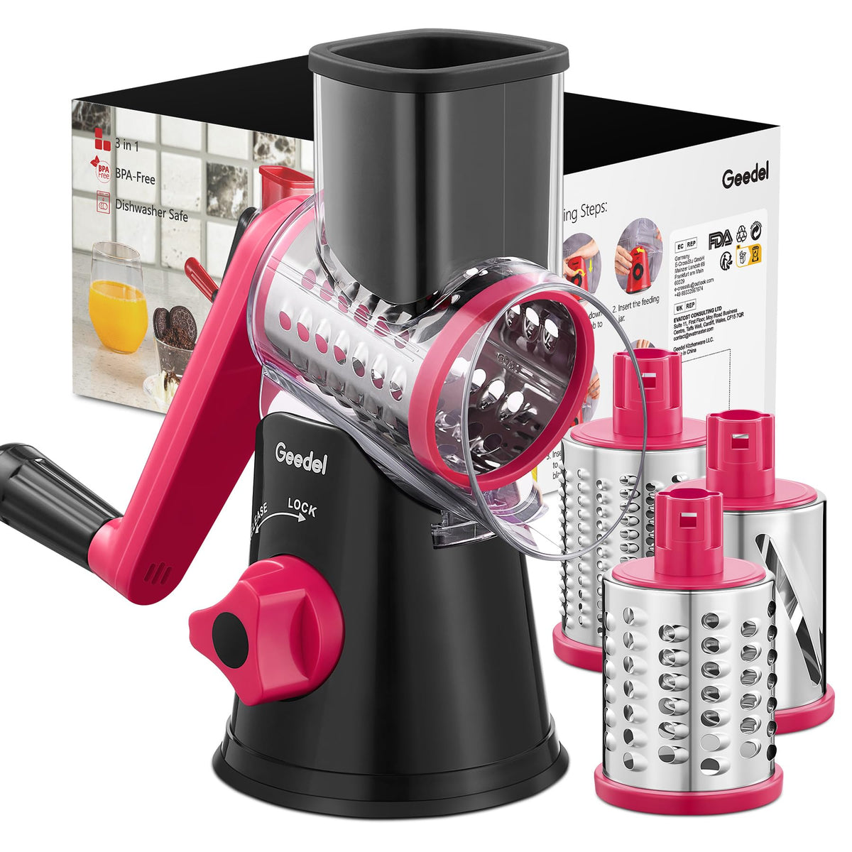 Geedel rotary cheese grater with handle enables safe, hands-free shredding.