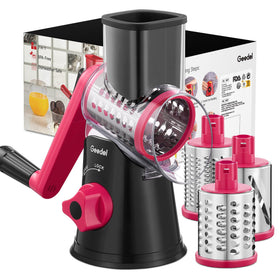 Geedel rotary cheese grater with handle enables safe, hands-free shredding.