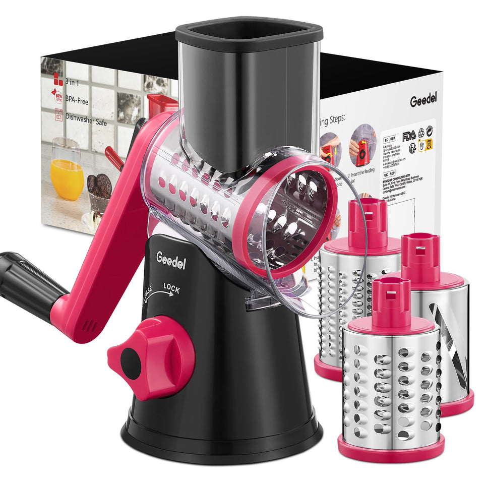 Geedel rotary cheese grater with handle enables safe, hands-free shredding.