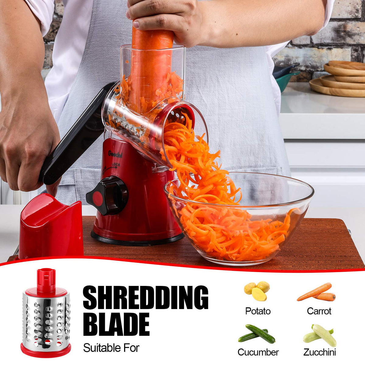 Geedel shredding blade positioned to grate cheese or nuts with ease.