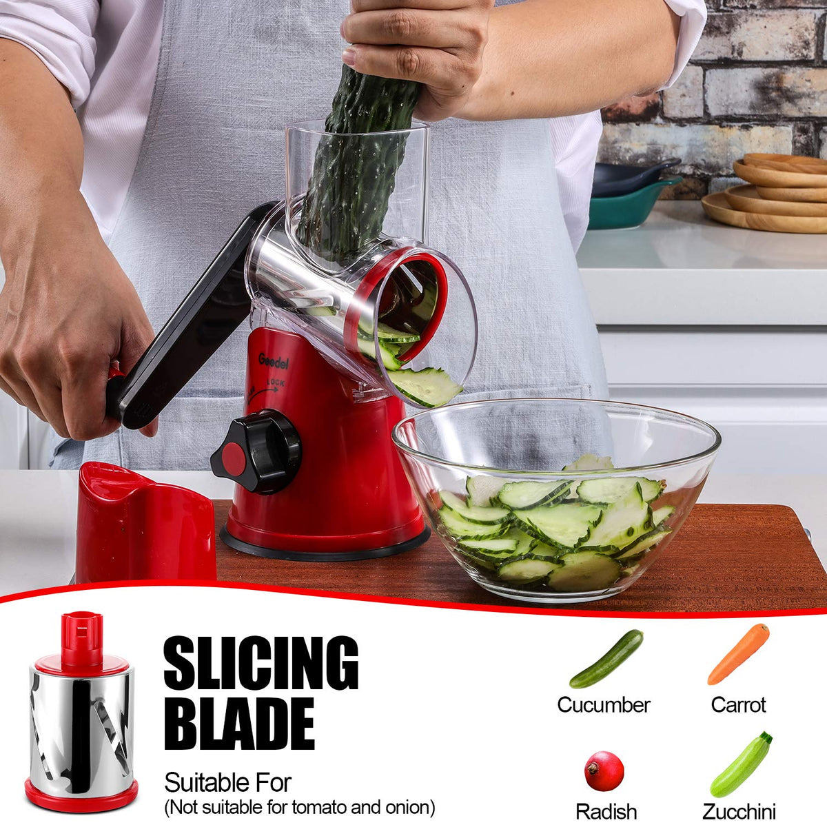 Geedel slicing blade ready to create even vegetable slices.