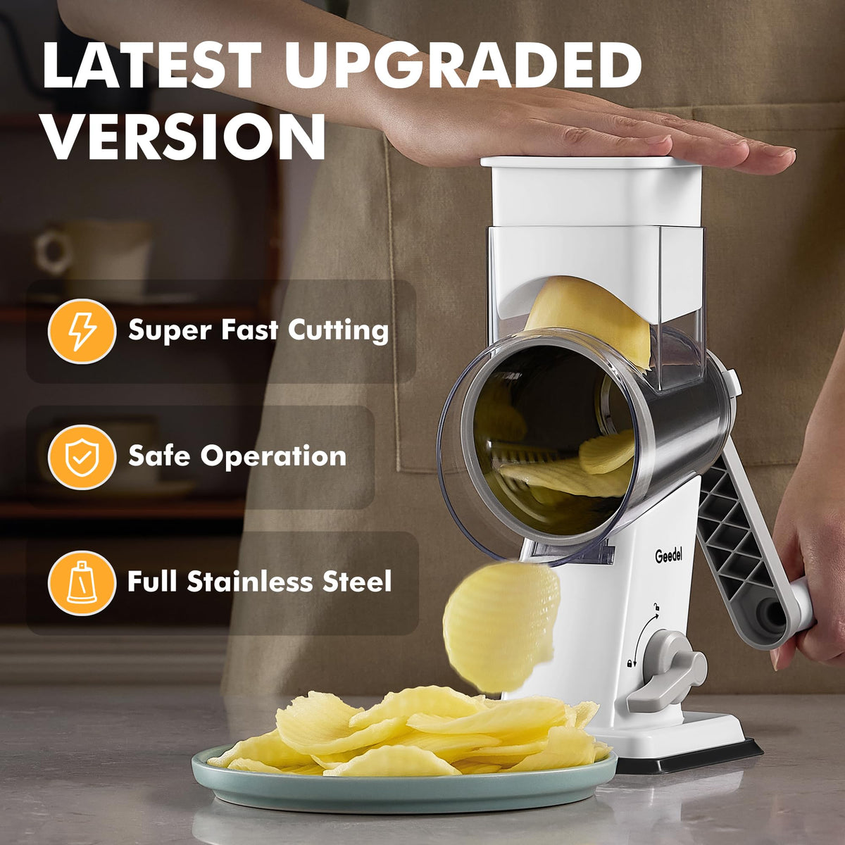 Geedel rotary cheese grater slicing blade in action for even waves and slices.