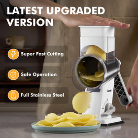 Geedel rotary cheese grater slicing blade in action for even waves and slices.