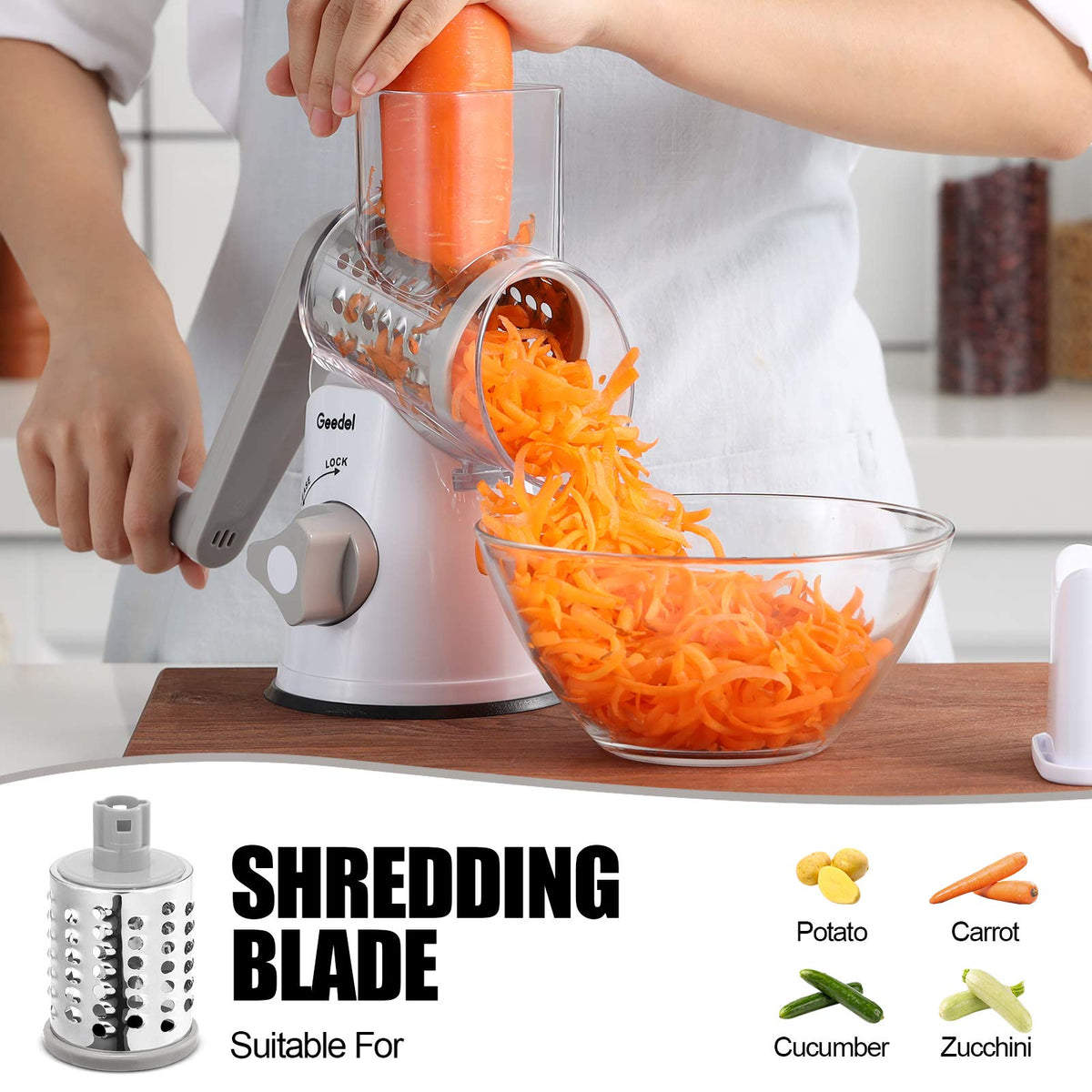 Geedel rotary cheese grater suction base keeps it secure on counters