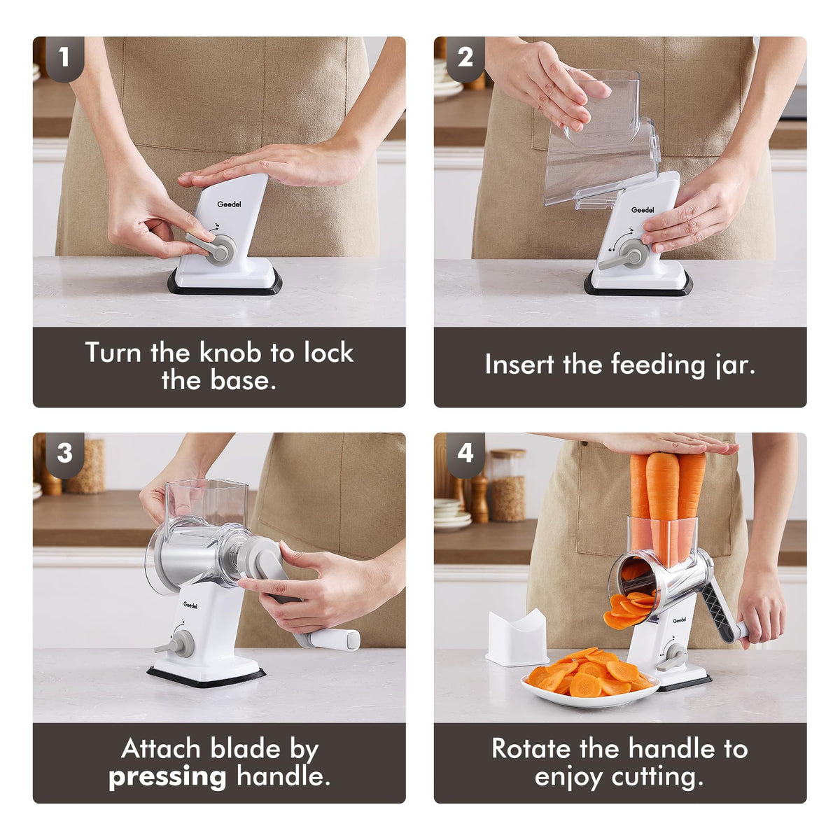 Geedel rotary cheese grater suction base securely grips the countertop.