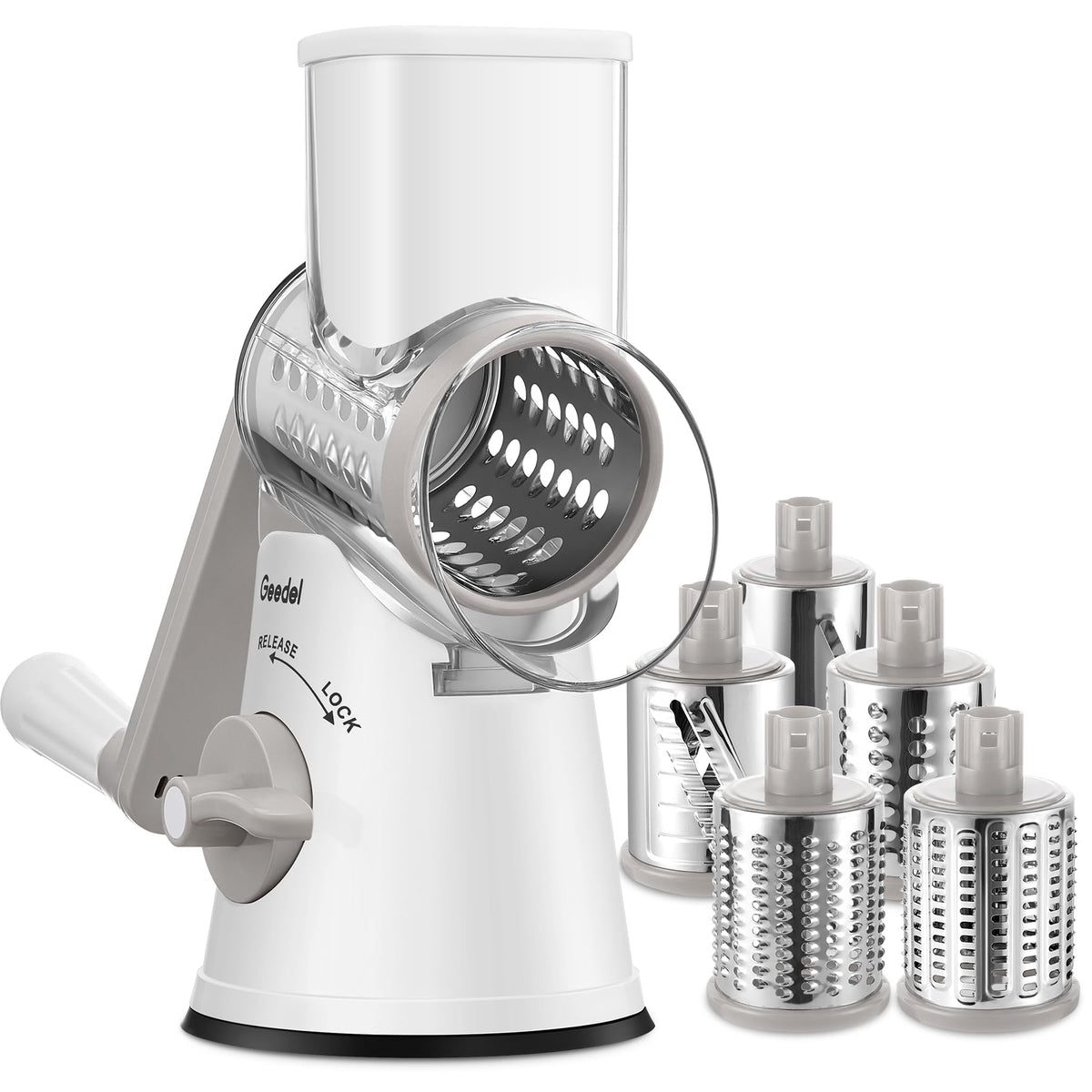 Geedel rotary cheese grater with suction base enables stable, mess-free grating.