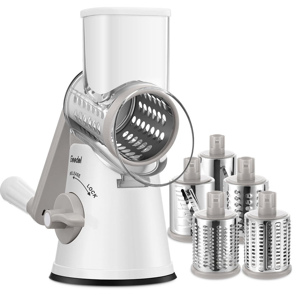 Geedel rotary cheese grater with suction base enables stable, mess-free grating.
