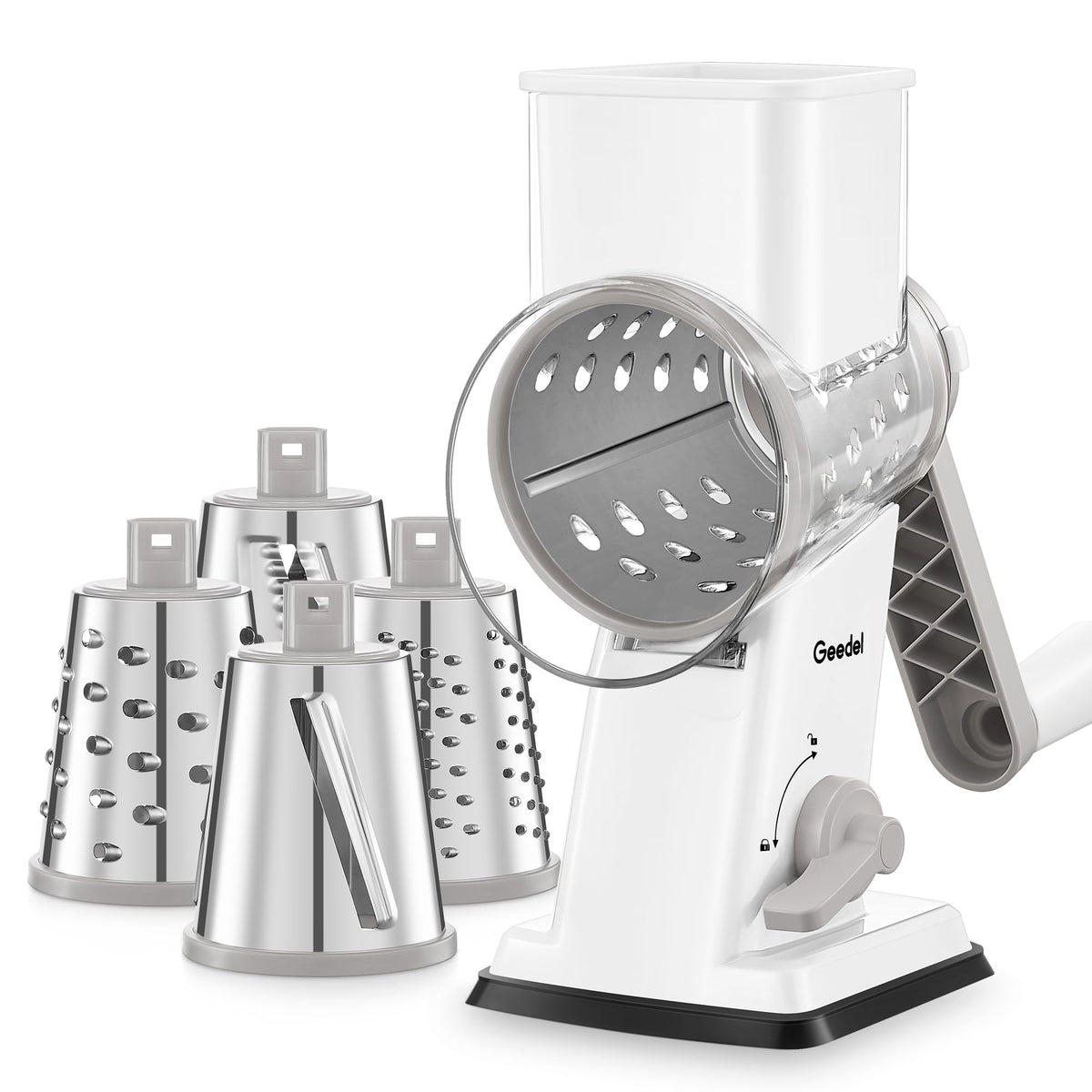 Geedel rotary cheese grater top view highlighting the wide inlet for easier loading.