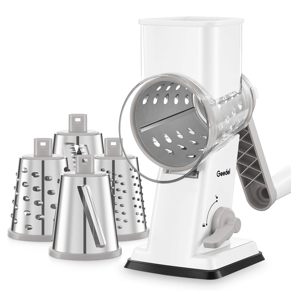 Geedel rotary cheese grater top view highlighting the wide inlet for easier loading.