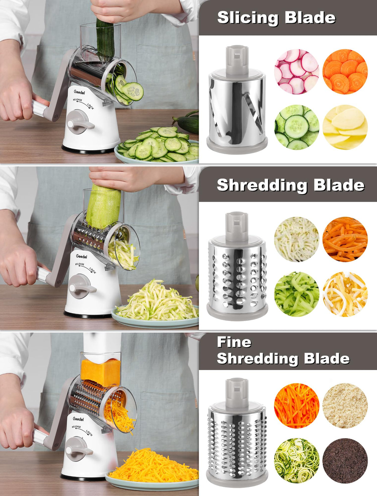 Geedel rotary grater with wavy slicing blade for textured vegetable slices.