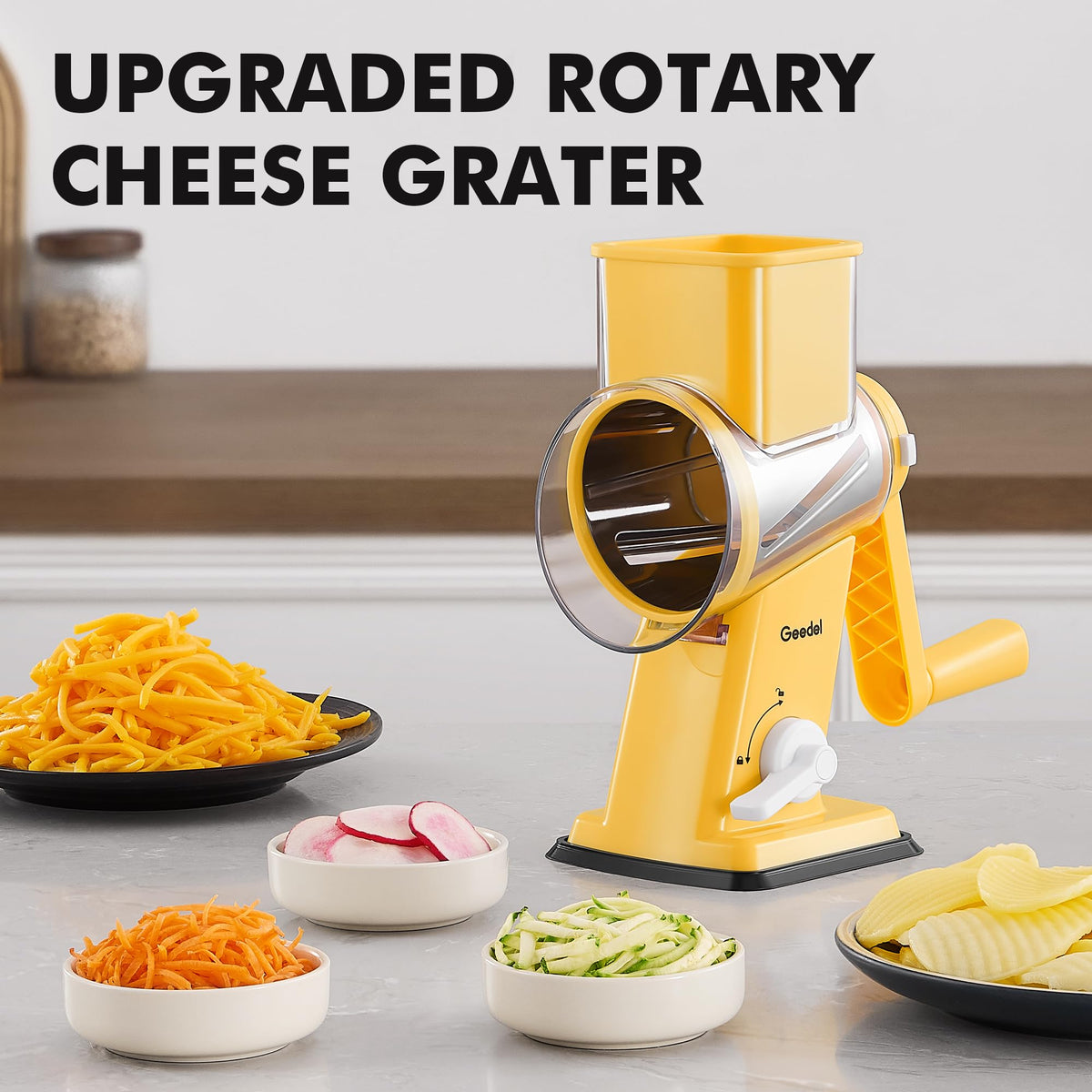 Geedel rotary cheese grater includes a wavy blade for creative cuts
