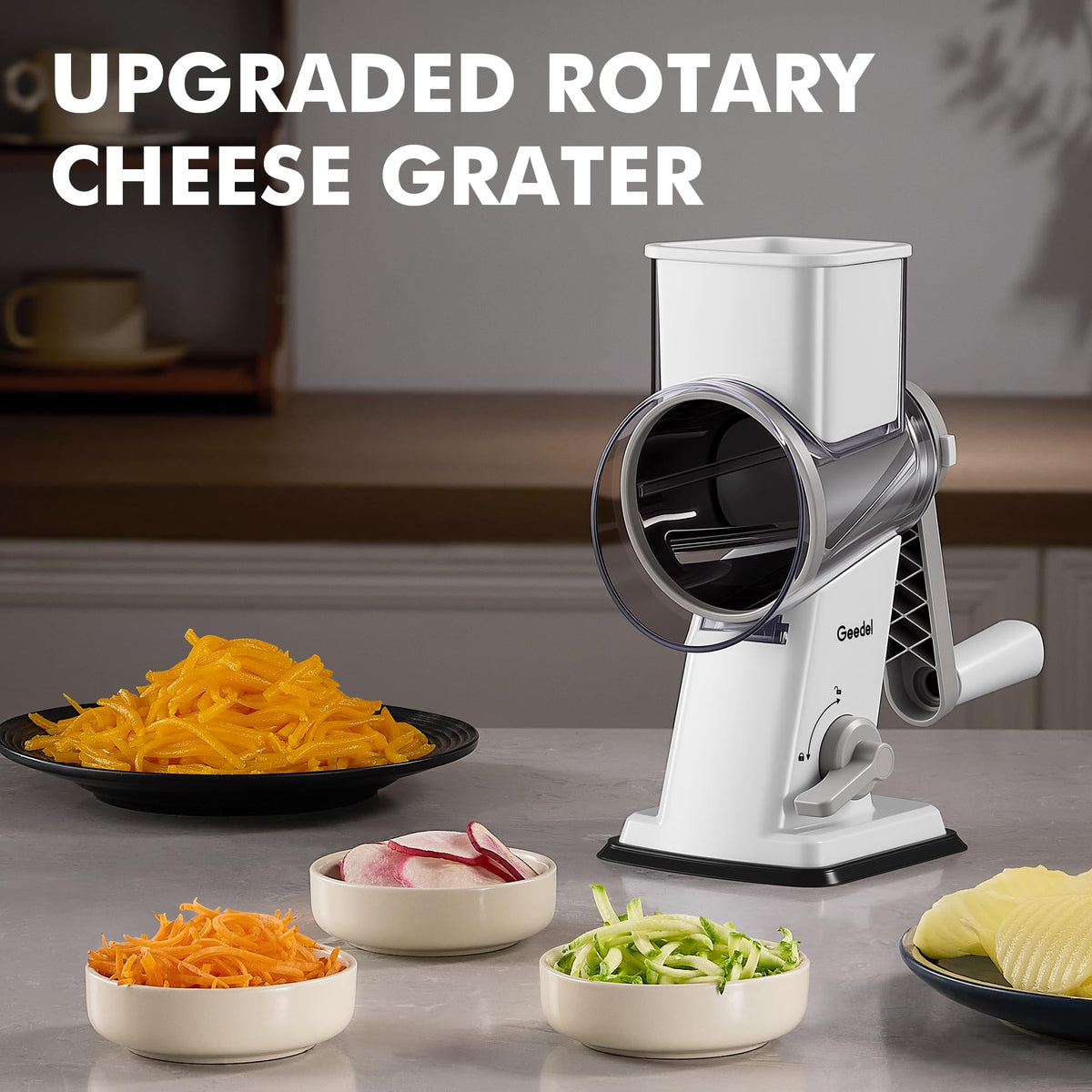 Geedel rotary cheese grater wavy slicing blade creates textured, decorative slices.