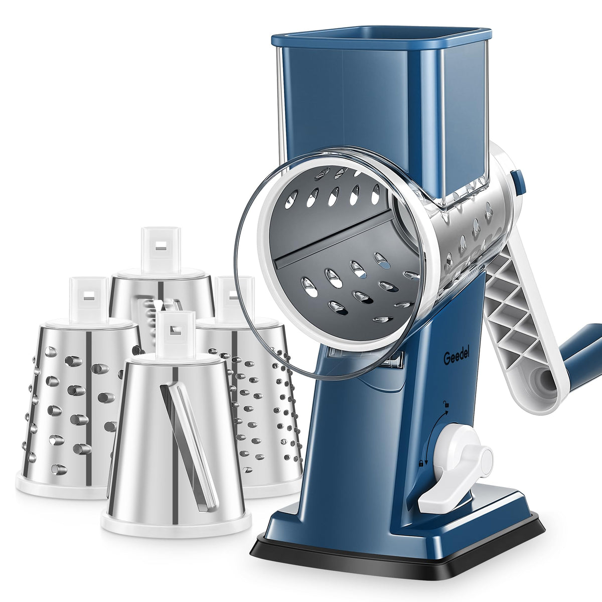 Geedel rotary cheese grater with handle for effortless shredding on the counter.