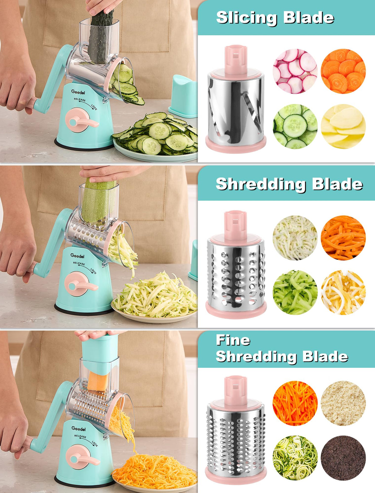 Geedel extra fine shredding blade creates delicate cheese strands