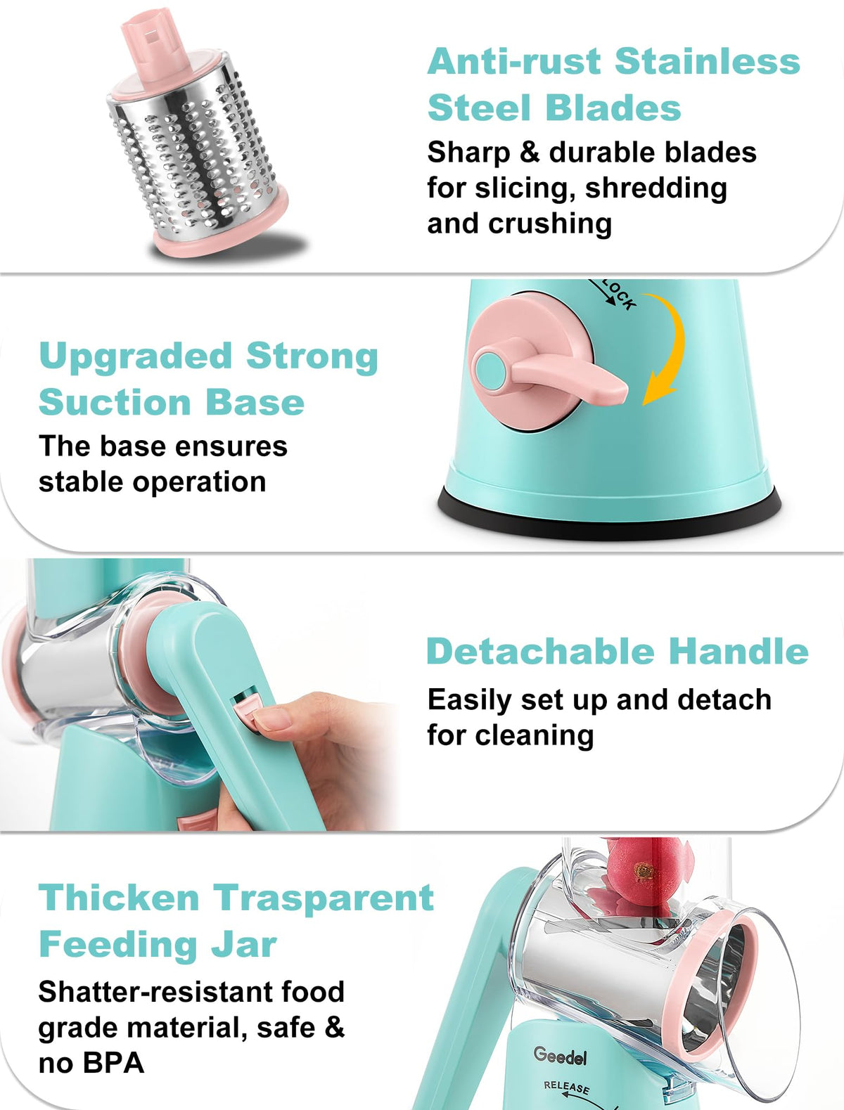 Geedel suction base keeps the grater steady during use